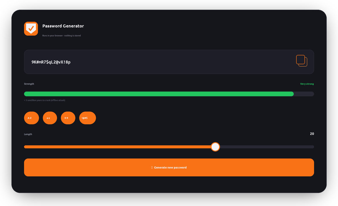 LunoVPN password generator interface showing a strong password and a Very strong strength meter