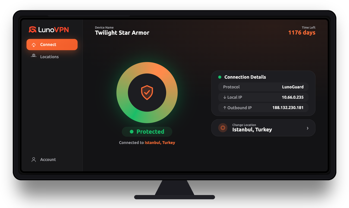 LunoVPN app shown on a TV, connected and protected via Istanbul, Turkey