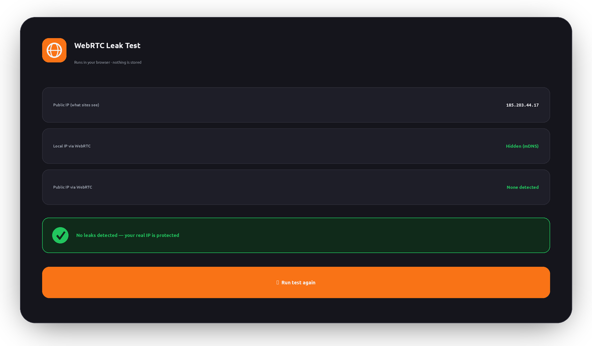 WebRTC leak test result card showing no public IP exposed and a protected status